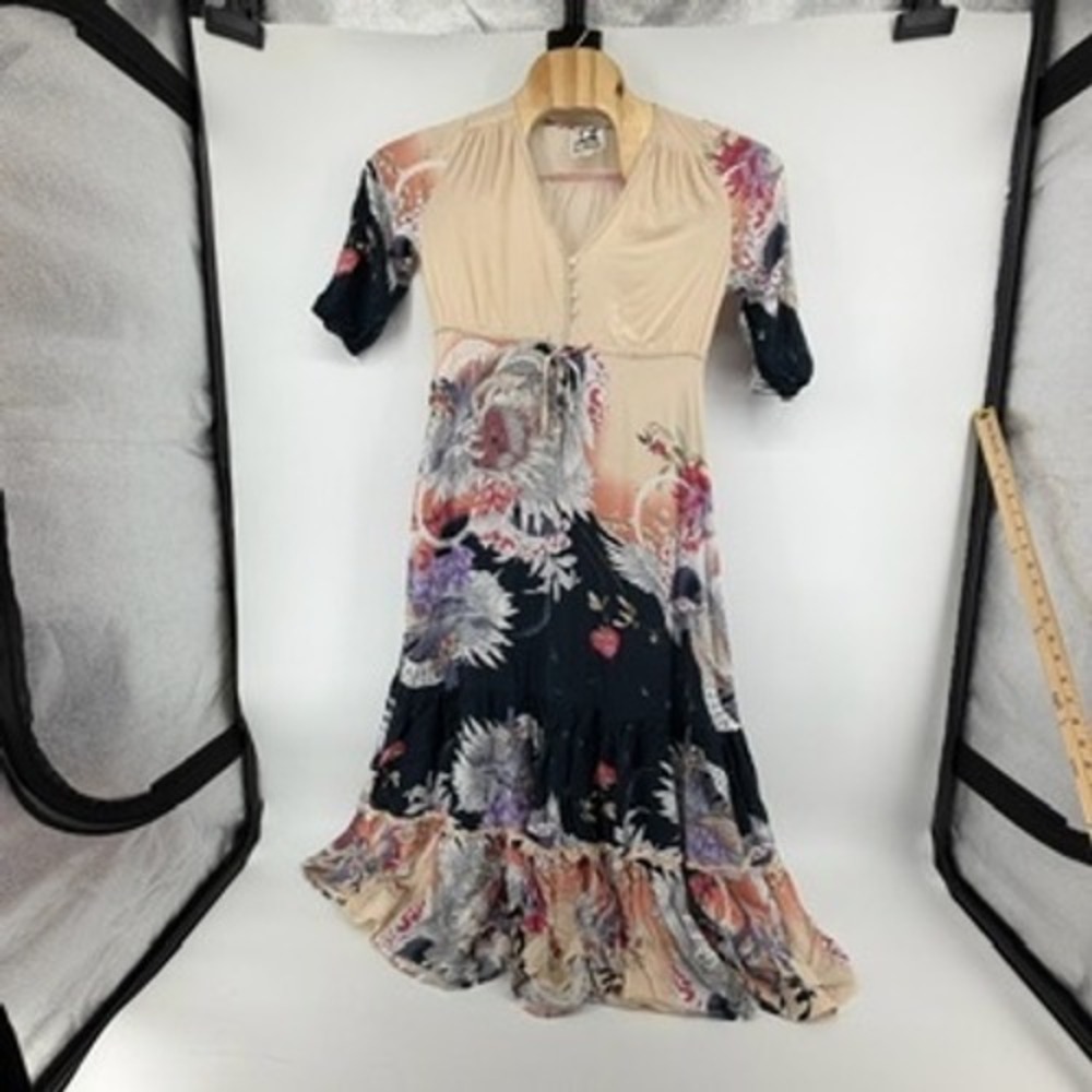 Jaase Floral Crane Print Maxi Dress‎ Cream Navy Boho Ruffle Tiered Rayon Small
